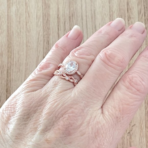 Oval White Sapphire Halo Ring w/ Leaf-Vine Band. 14K Rose Gold. - Picture 4 of 5